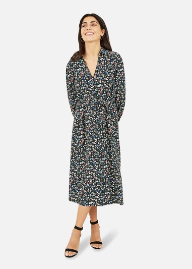 Yumi Black Ditsy Print Long Sleeve Shirt  Midi Dress