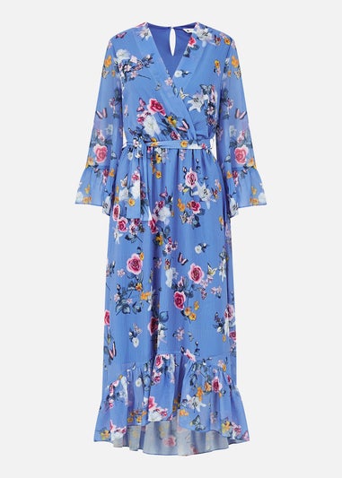 Yumi Blue Floral Butterfly Wrap High Low Dress