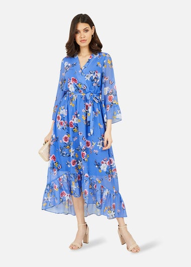 Yumi Blue Floral Butterfly Wrap High Low Dress