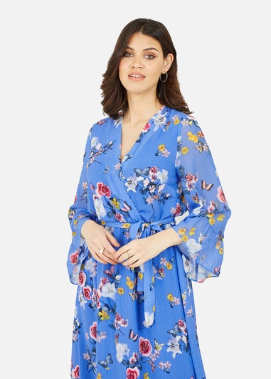 Yumi Blue Floral Butterfly Wrap High Low Dress