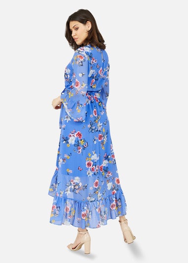 Yumi Blue Floral Butterfly Wrap High Low Dress