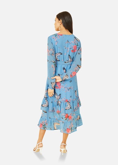 Yumi Green Crane Print Long Sleeve Wrap Midi Dress