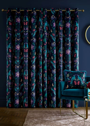 Catherine Lansfield Mya Tropical Birds Eyelet Curtains Navy Blue