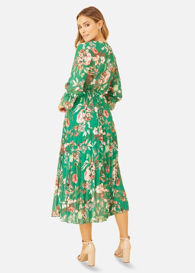 Yumi Green Floral Print Midi Wrap Dress With Pleated Skirt