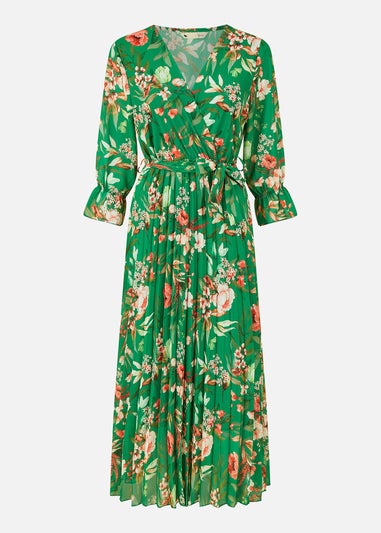 Yumi Green Floral Print Midi Wrap Dress With Pleated Skirt