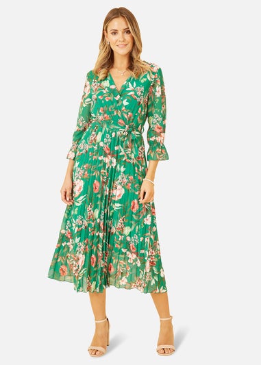 Yumi Green Floral Print Midi Wrap Dress With Pleated Skirt