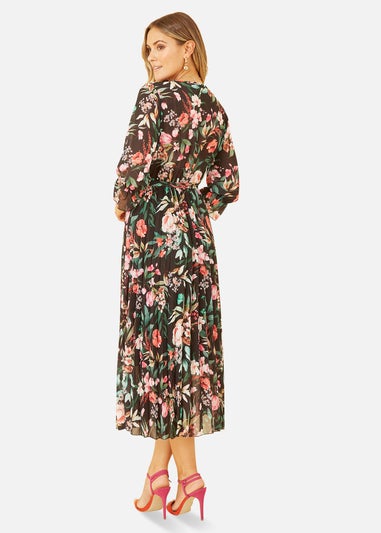 Yumi Black Floral Print Midi Wrap Dress With Pleated Skirt