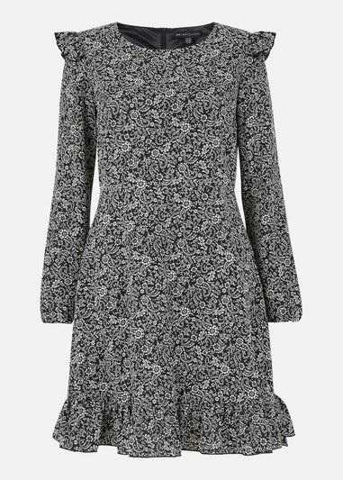 Mela Black Paisley Skater Dress With Frill Shoulders