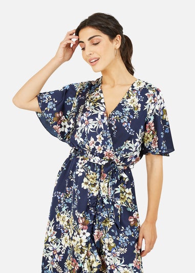 Mela Navy Wrap Effect Floral Midi Dress