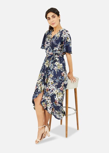 Mela Navy Wrap Effect Floral Midi Dress