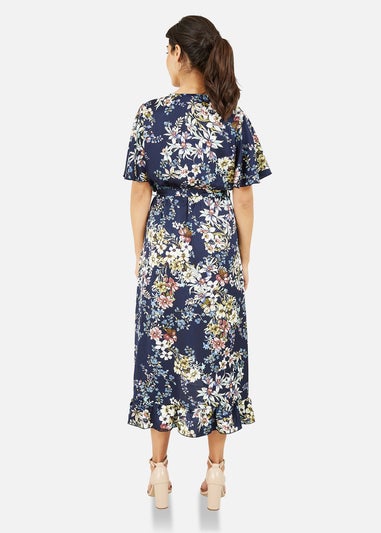 Mela Navy Wrap Effect Floral Midi Dress