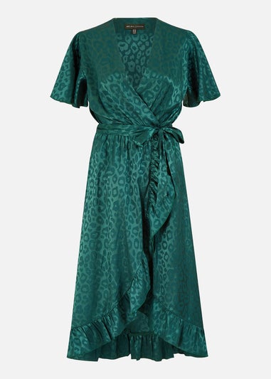 Mela Green Jacquard Leopard Print Wrap Midi Dress