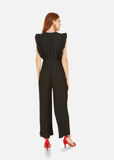 Mela Black Pleated Wrap Jumpsuit With Frill Detail