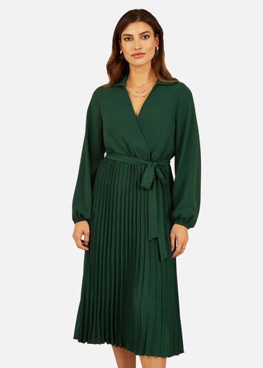 Mela Green Long Sleeve Wrap Pleated Midi Dress