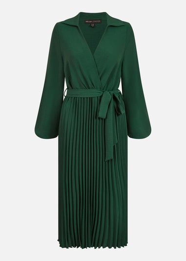 Mela Green Long Sleeve Wrap Pleated Midi Dress