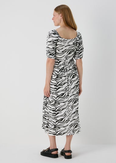 Black Animal Print Shirred Bodice Midi Dress