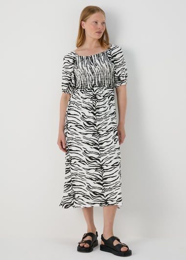 Black Animal Print Shirred Bodice Midi Dress