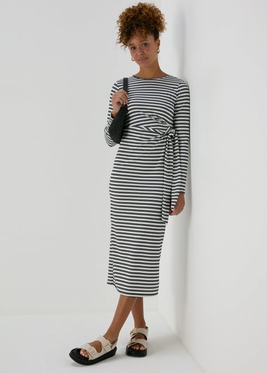 Black Mono Stripe Tie Side Midi Dress