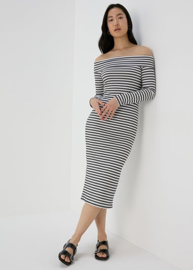 Black Mono Ribbed Bardot Dress