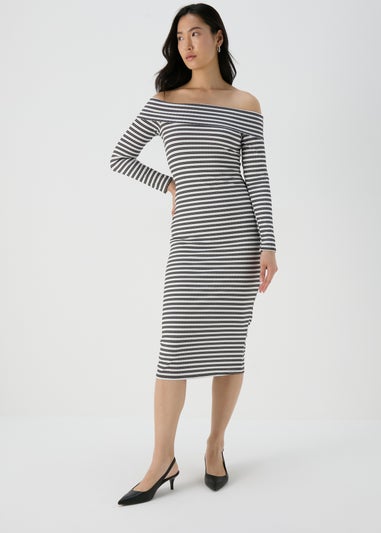 Black Mono Ribbed Bardot Dress