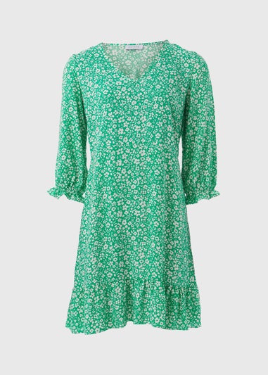 Green Floral V Neck Mini Dress