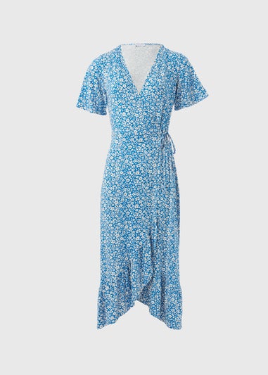 Blue Floral Frill Hem Wrap Dress