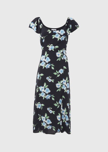 Black Floral Flutter Sleeve Midi Dress