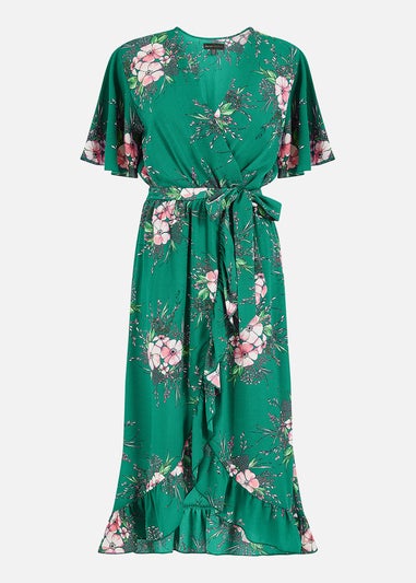 Mela Green Floral Dip Hem Wrap Midi Dress
