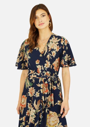 Mela Navy Winter Floral Wrap Midi Dress