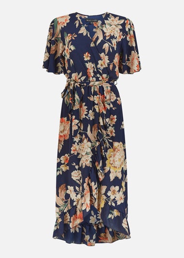 Mela Navy Winter Floral Wrap Midi Dress