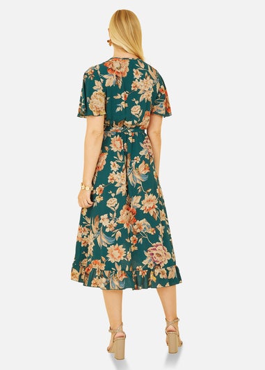 Mela Teal Winter Floral Wrap Midi Dress