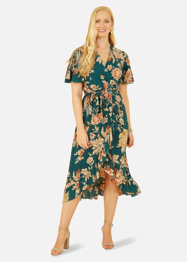 Mela Teal Winter Floral Wrap Midi Dress