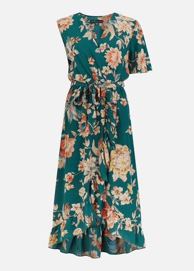 Mela Teal Winter Floral Wrap Midi Dress