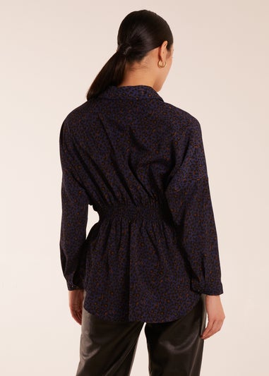 Blue Vanilla Leopard Print Shirred Waist Shirt