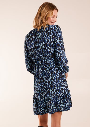 Blue Vanilla Leopard Print Shirring Elastic Sleeve Tier Mini Dress