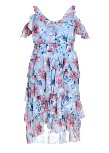 Quiz Blue Curve Floral Chiffon Tiered Midi Dress