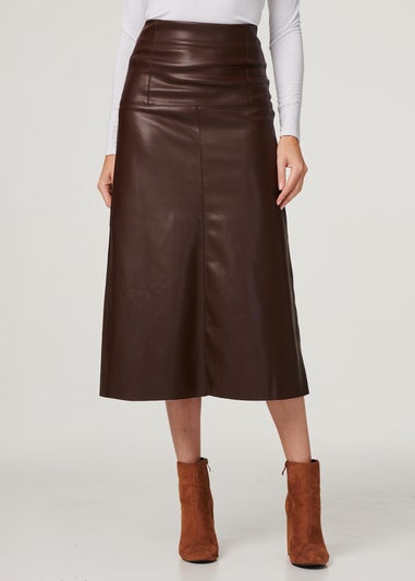 Izabel London Brown Faux Leather High Waist Midi Skirt