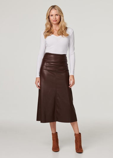 Izabel London Brown Faux Leather High Waist Midi Skirt