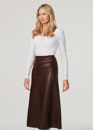 Izabel London Brown Faux Leather High Waist Midi Skirt