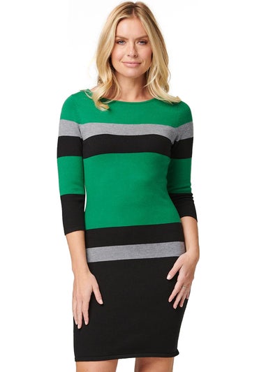 Izabel London Green Striped Colour Block Knit Dress