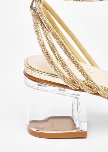 Quiz Gold Diamante Strap Low Heeled Sandals