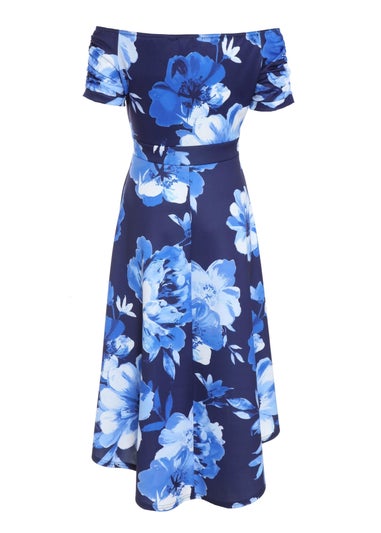 Quiz Blue Floral Bardot Dip Hem Midi Dress