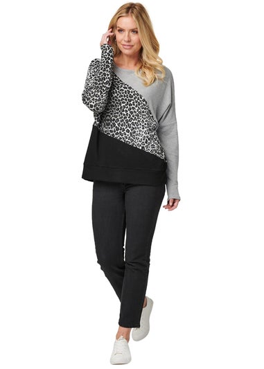 Izabel London Black Colour Block Leopard Pullover