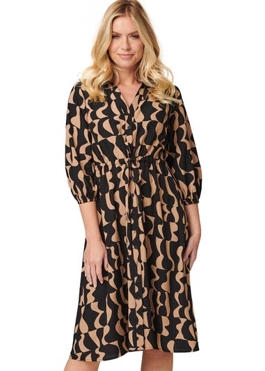 Izabel London Black Printed Drawstring Shirt Dress