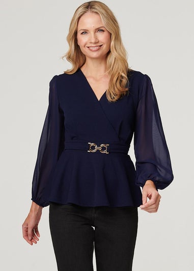 Izabel London Navy Sheer Sleeve Wrap Front Blouse