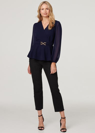 Izabel London Navy Sheer Sleeve Wrap Front Blouse