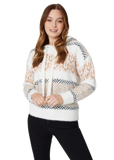 Izabel London Beige Ikat Print Hooded Knit Jumper