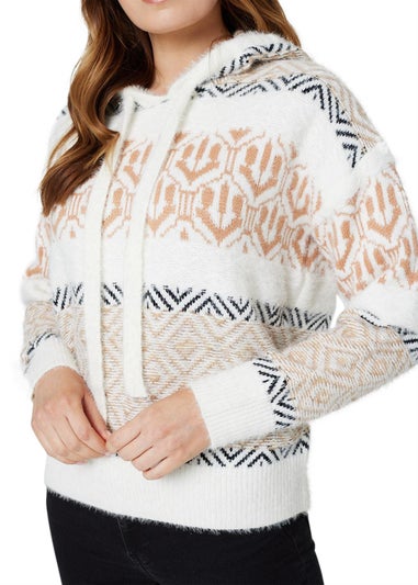 Izabel London Beige Ikat Print Hooded Knit Jumper