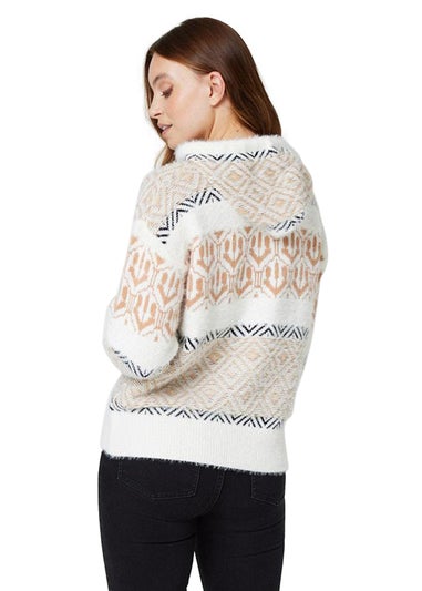 Izabel London Beige Ikat Print Hooded Knit Jumper