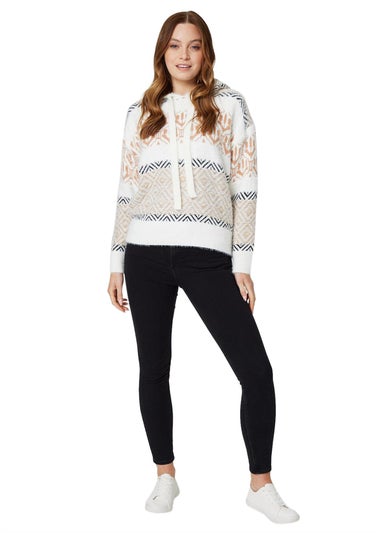 Izabel London Beige Ikat Print Hooded Knit Jumper